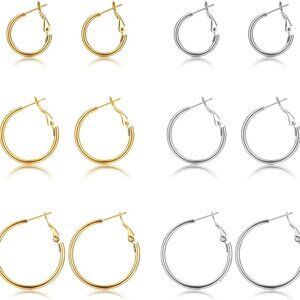 6 Pairs Gold Silver Hoop Earrings Set, 14K Gold Plated Stainless Steel, Lightwei